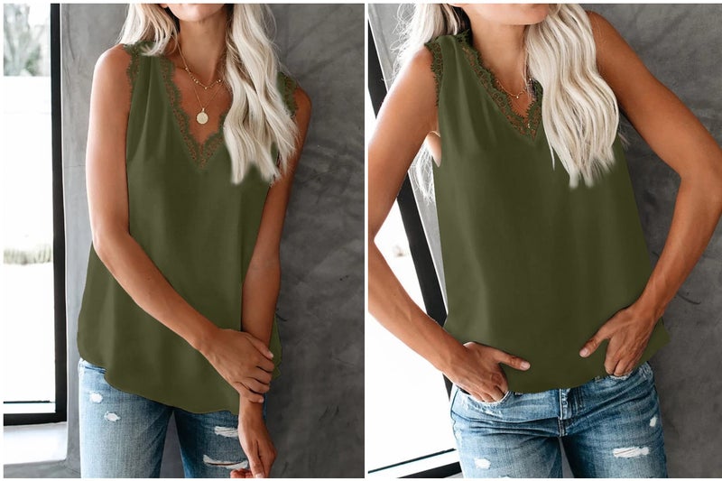 lime flare Women Sexy Deep V Neck Lace Trim Satin Cami Tank Tops Dressy Silk Lacy Camisole Shirt (D# Army Green Eyelash Lace,L) - Image 3
